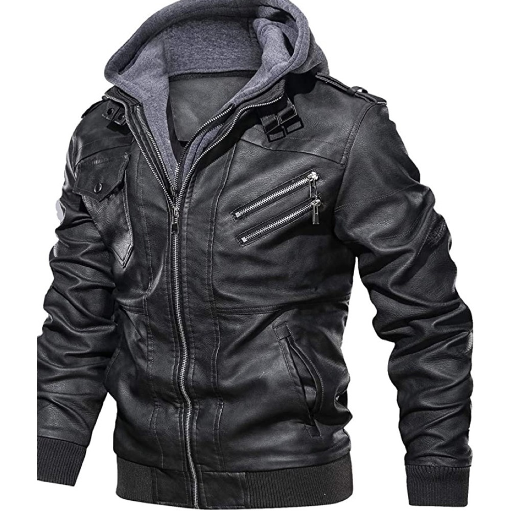 New Men's Removable Hood Vegan Leather Coat